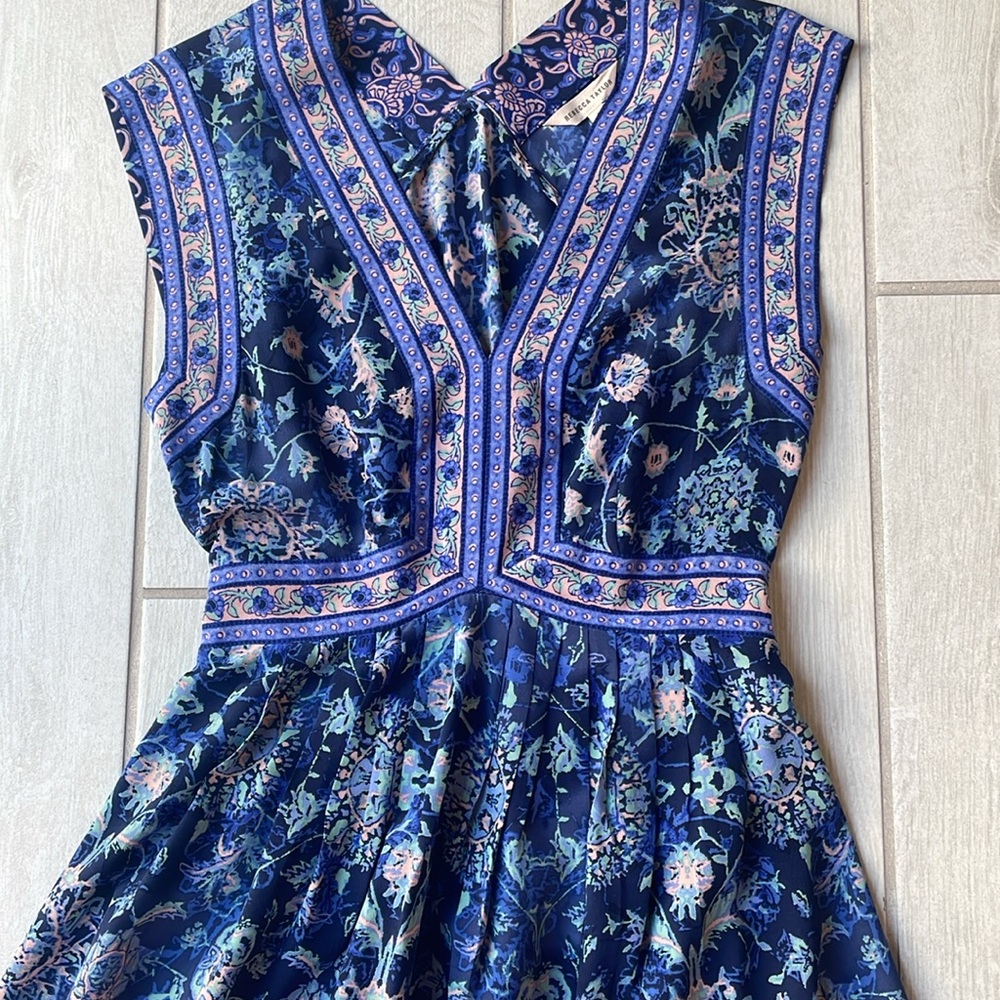 Rebecca Taylor Blue Boho Floral Silk V-Neck Fit & Flare Dress Size 0 - Picture 6 of 13